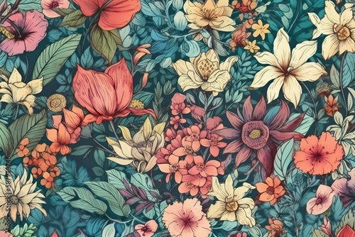 Flower watercolor, Vintage flora full background pattern (Ai generated)