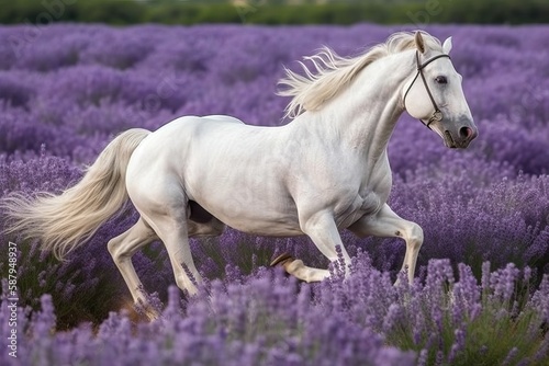 White horse galloping in lavender field (Ai generated)