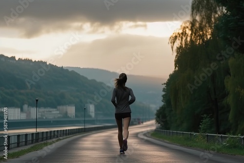 Woman jogging outdoors  with beautiful scenery  Ai generated 
