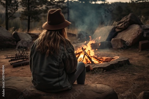 Camping around campfire, Tourist woman bonfire (Ai generated) 