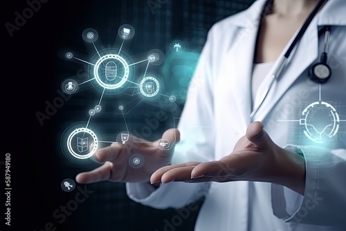 Doctor with stethoscope and Ui icon medical with advanced robotic are precision on virtual interface, Future of healthcare, Medical, Science and Technology - Generative AI