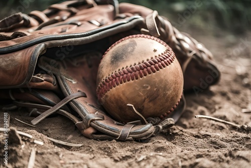 Baseball glove and ball on field (Ai generated)