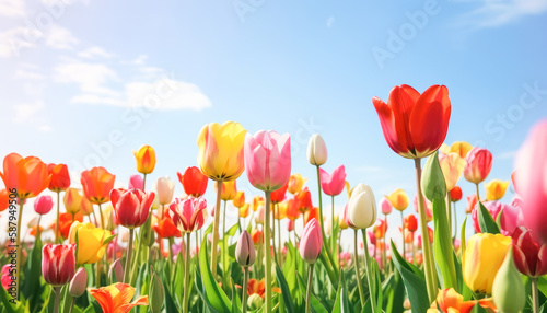 Beautiful colorful tulips against the blue sky on sunny day. Generative AI.