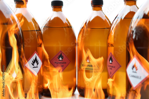 Flammable liquid symbol on the chemical bottle
