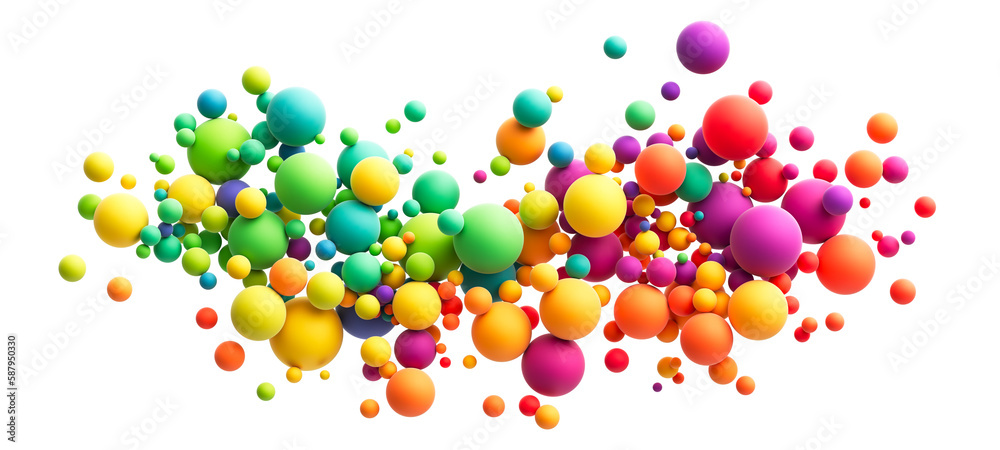 Abstract composition with colorful random flying spheres isolated on transparent background. Colorful rainbow matte soft balls in different sizes. PNG file - obrazy, fototapety, plakaty 