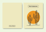 Notebook cover wild west desert vintage design. Cacti plant with sun vector line art minimalist symbol illustration design.