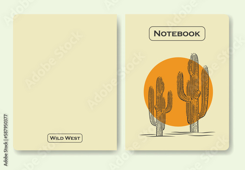 Notebook cover wild west desert vintage design. Cacti plant with sun vector line art minimalist symbol illustration design.