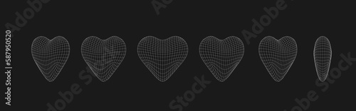 Wireframe 3D heart geometric figures isolated in different positions. . Virtual reality elements.