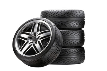 A set of summer wheels, tires and discs a stack of isolates.