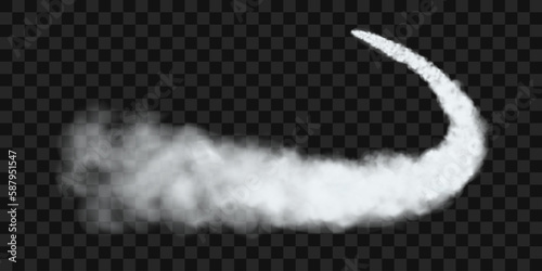 Traces of white smoke from an airplane, rocket or spacecraft launch. Realistic 3d vector illustration isolated on transparent background.