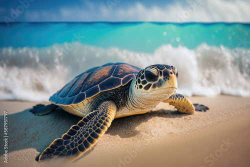 A sea turtle on beach, generative AI