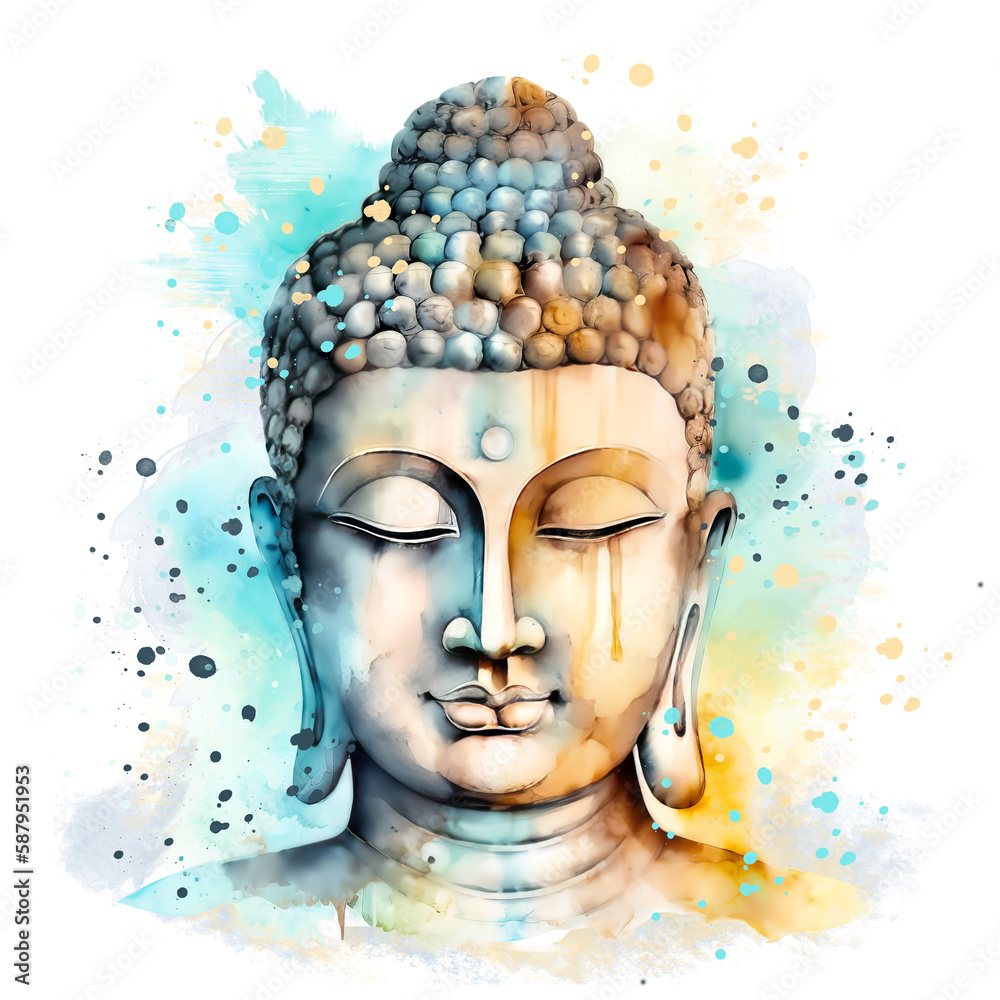 Close up of colorful Buddha on transparent background. Watercolor
