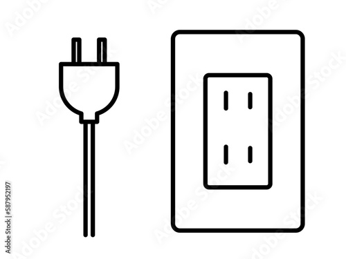 シンプルな電源プラグとコンセントの線画アイコン
