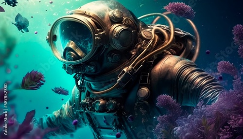 A man in a diving suit, making his way through underwater thickets of flowers on another planet. Generative AI