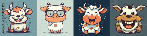 Flat color vector of happy cow set collection