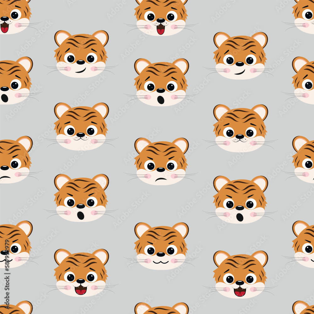 Seamless pattern with cartoon tiger muzzle with textures. Seamless pattern with cartoon tiger muzzle with textures.