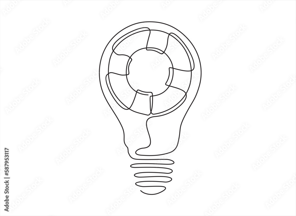 Continuous One line drawing of light bulb with lifebuoy inside. Idea salvation or needing help concept. Concept of volunteering, help, sup port, financial aid Continuous One line drawing of light bulb with lifebuoy inside. Idea salvation or needing help concept. Concept of volunteering, help, sup port, financial aid