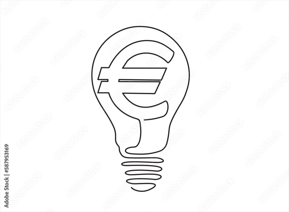 Continuous One line drawing of light bulb with euro sign inside. Money making idea, Creative lightbulb, Business and finance concept Continuous One line drawing of light bulb with euro sign inside. Money making idea, Creative lightbulb, Business and finance concept