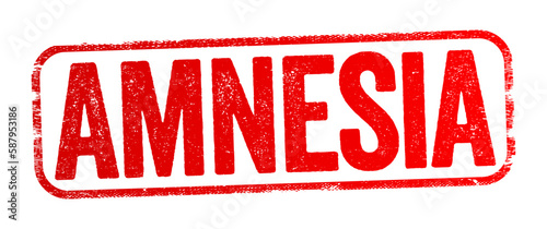 Amnesia - the loss of memories, such as facts, information and experiences, text stamp concept background