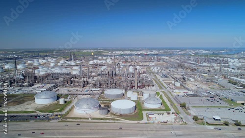 Aerial view of Chemical factory nearby Houston in Texas. Refinery is making gas and diesel for gas station and truck stops. 
