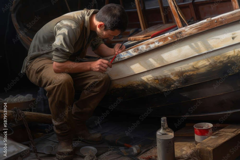 worker fixing old vintage boat, ai generative