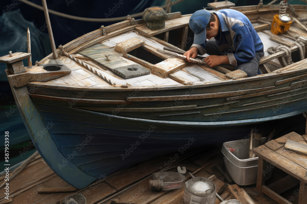 worker fixing old vintage boat, ai generative