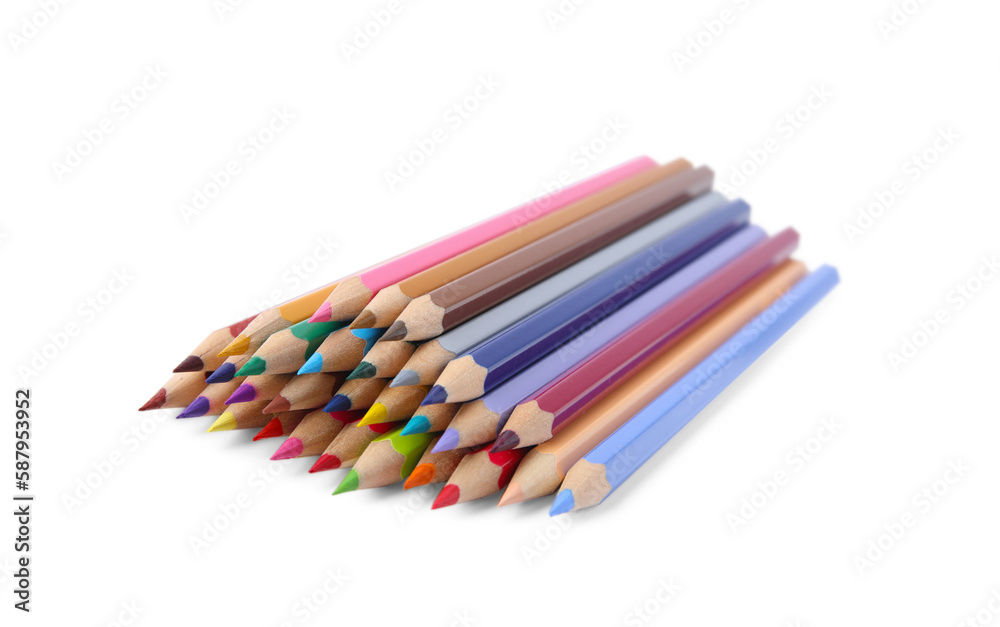 Pile of colorful wooden pencils on white background