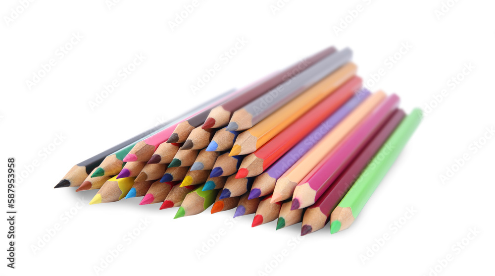 Fototapeta premium Pile of colorful wooden pencils on white background