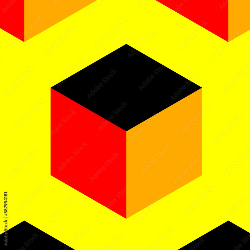 red black and gold single floating and isolated cube on a vivid plain yellow background red black and gold single floating and isolated cube on a vivid plain yellow background
