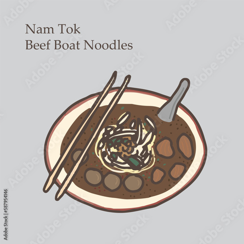 Thai style noodle blood soup serve with beef, meat ball and vegetable topping with fried garlic in Thailand call "Nam Tok". Thai boat noodle. Hand draw illustration vector.