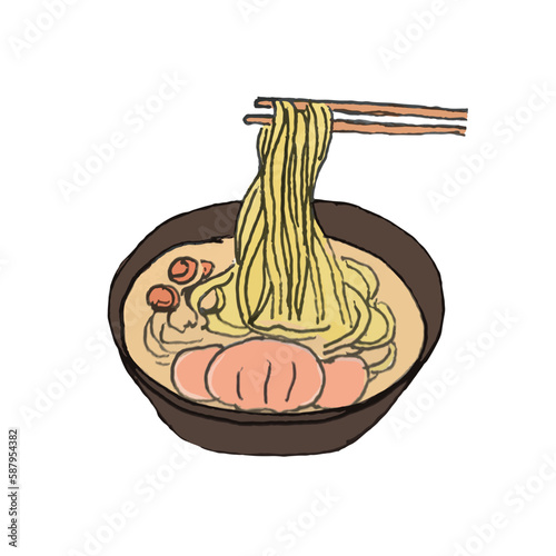 Ramen soup bowl with noodles, sliced chashu marinated braised pork, halves, chopsticks. Hand drawn vector illustration.