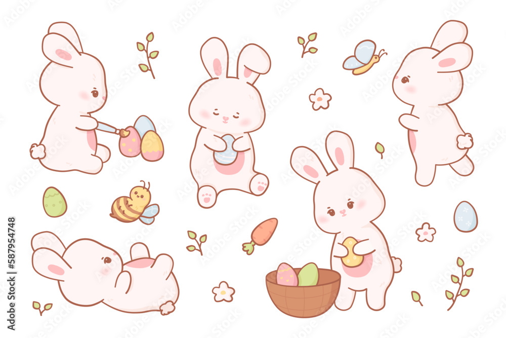 Easter bunny in kawaii style and pastel colors. Vector collection of cartoon rabbits in different poses with eggs, bee and butterfly Easter bunny in kawaii style and pastel colors. Vector collection of cartoon rabbits in different poses with eggs, bee and butterfly