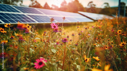 Fototapeta Naklejka Na Ścianę i Meble -  solar panels in the foreground, in a field of flowers, environmental and renewable energy concept Generated AI