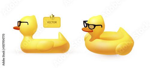 Yellow duck inflatable pool ring in two wievs. Summer vacation set.