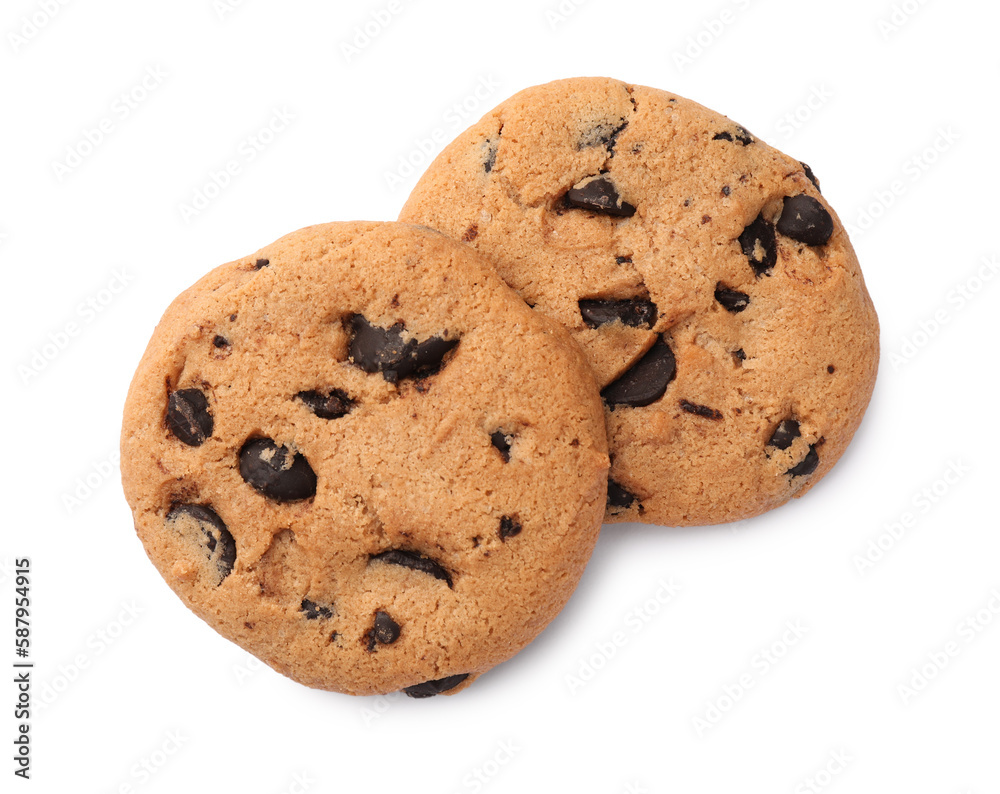 Delicious chocolate chip cookies isolated on white, top view Delicious chocolate chip cookies isolated on white, top view