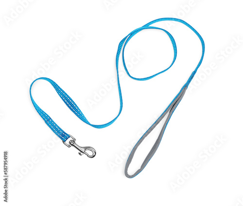 Light blue dog leash isolated on white, top view