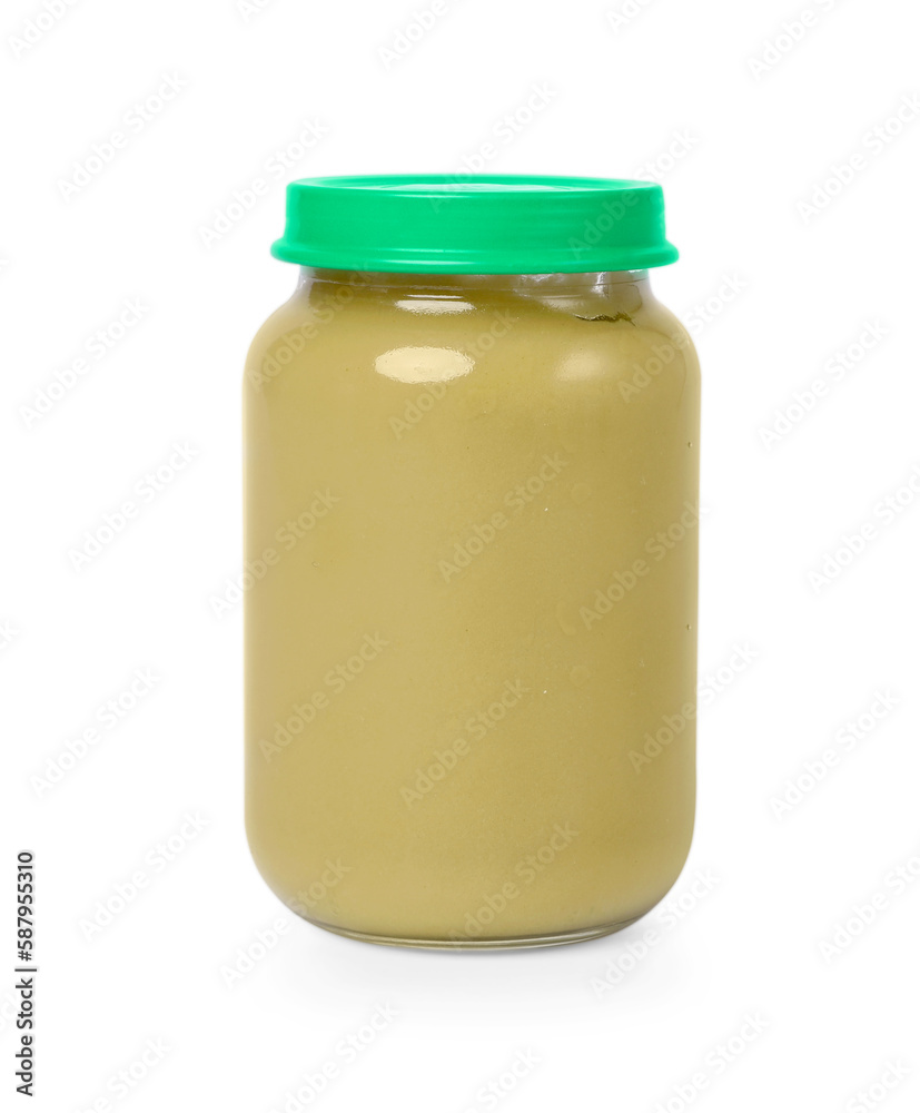 Glass jar with healthy baby food isolated on white Glass jar with healthy baby food isolated on white