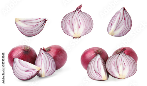 Collage with whole and cut red onions on white background