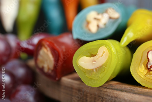 Closeup view of many delicious sweet churchkhelas photo