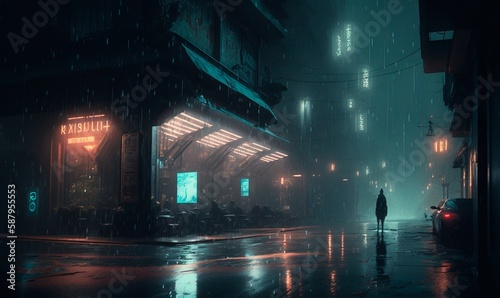 Cyberpunk futuristic city. Dark rainy day with skyscrapers. Dystopian future with neon signs and light. Advanced technological metropolis, Digital illustration sci fi cityscape. Generative AI © Oleg
