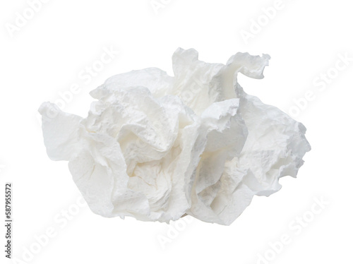 Single white screwed or crumpled tissue paper or napkin in strange shape after use in toilet or restroom isolated on white background with clipping path in png format