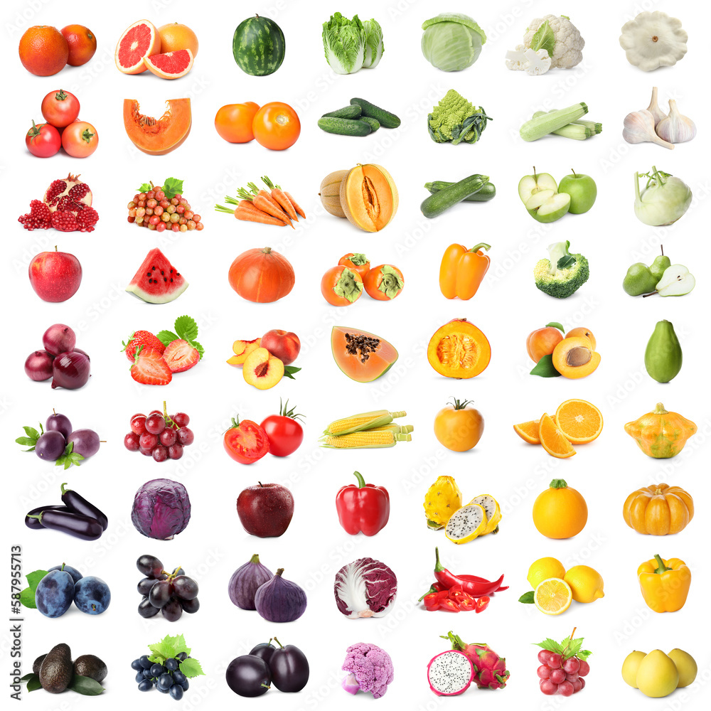 Assortment of fresh fruits and vegetables on white background, collage design Assortment of fresh fruits and vegetables on white background, collage design