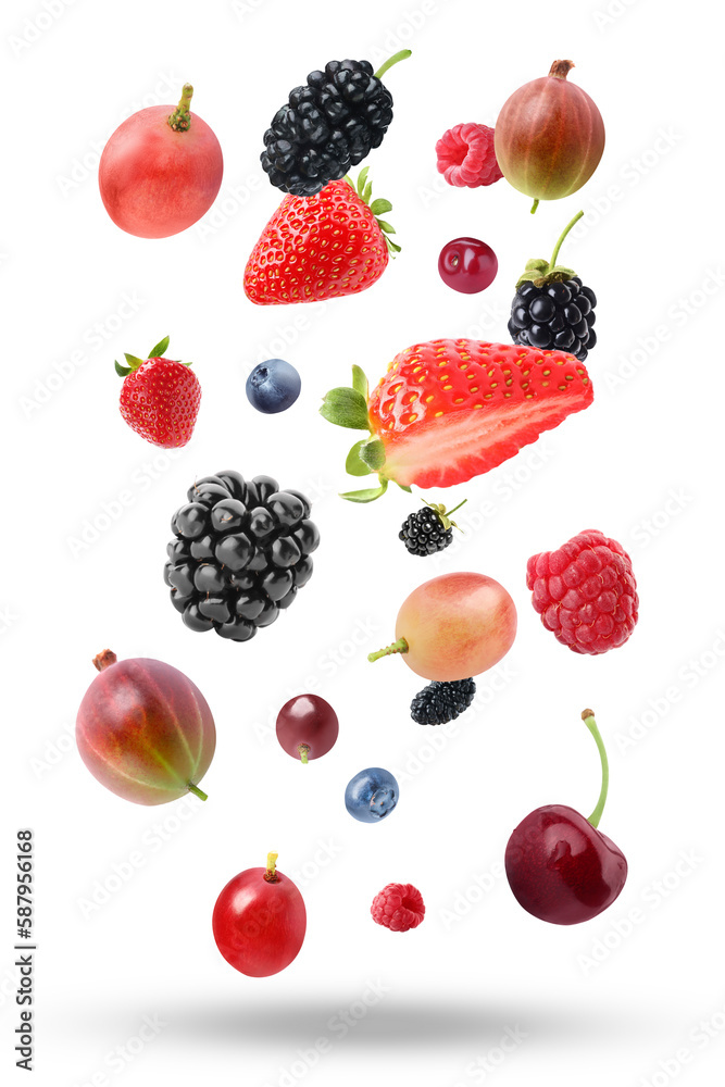 Many different fresh berries falling on white background
