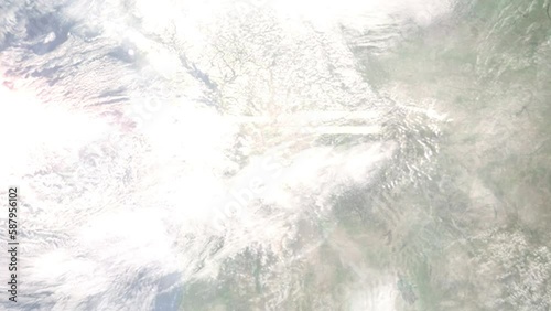 Earth zoom in from outer space to city. Zooming on Richland, Washington, USA. The animation continues by zoom out through clouds and atmosphere into space. Images from NASA photo