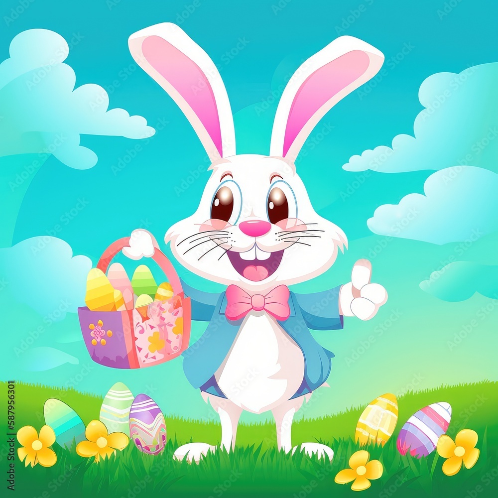 Happy Easter Bunny holding a basket filled with multicolored eggs, surrounded by flowers and green grass, with a clear blue sky in the background. Generative AI Happy Easter Bunny holding a basket filled with multicolored eggs, surrounded by flowers and green grass, with a clear blue sky in the background. Generative AI