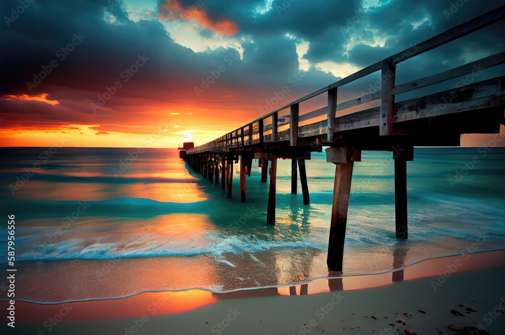 Obraz premium Exotic Vacation Destination On Beach With Pier Walkway Background Generative AI