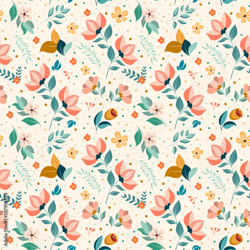 Seamless floral pattern ornament of hand-drawn abstract flowers and leaves. Vector summer spring background trend colors. Design for printing, fabric, greeting card, textiles, paper, wallpaper.