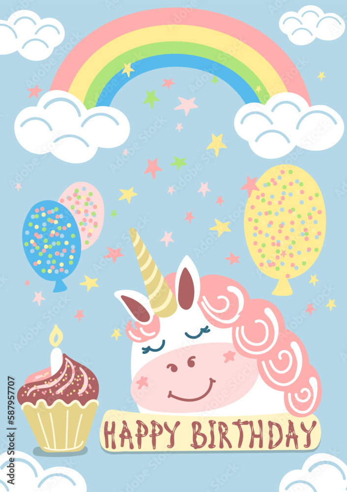 template children birthday greeting card with cute pretty unicorn, rainbow, balloons, cake, confetti and stars on blue background.. Kawaii style cartoon hand-drawn. Vector illustration 