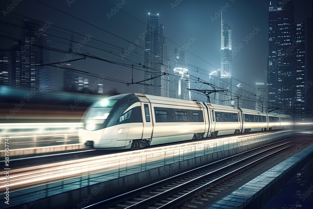 Modern high speed train at night. Fast train in city with motion blur effect, Public transport. Railway transportation. Created with Generative AI Modern high speed train at night. Fast train in city with motion blur effect, Public transport. Railway transportation. Created with Generative AI
