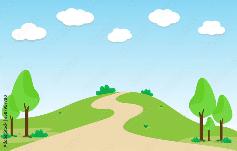Green landscape Scene nature, sunny day in summer with clouds and hill. Vector illustration Flat design element for website or app